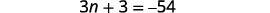 A mathematical equation is displayed against a white background, reading 3n + 3 = -54.