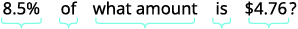 A word problem asks: '8.5% of what amount is $4.76?' Each part of the question is underlined with a light blue bracket.