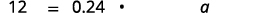 A mathematical equation is displayed on a white background, showing '12 = 0.24 * q' where 'q' is a variable to be solved.