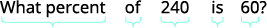 A mathematical question asks, 'What percent of 240 is 60?' The words are underlined with light blue brackets, visually breaking down the problem into segments.
