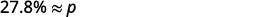The image displays a mathematical expression '27.8% ≈ p' in black font on a plain white background, indicating that 27.8 percent is approximately equal to the variable p.