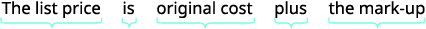 A graphic displays the formula 'The list price is original cost plus the mark-up,' with each component of the phrase underlined and connected by blue brackets. It illustrates how retail prices are determined.