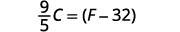 A mathematical equation showing the conversion formula from Fahrenheit to Celsius, specifically (9/5)C = (F - 32). The equation is presented in a clear, typeset format against a white background.