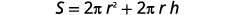 A mathematical formula is displayed: S = 2πr² + 2πrh, representing the surface area of a cylinder with radius 'r' and height 'h'.