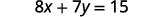 A mathematical equation is displayed with a white background, reading '8x + 7y = 15'. The numbers and variables are in a dark gray font.