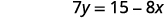 A mathematical equation is displayed, showing 7y = 15 - 8x. This linear equation relates variables 'y' and 'x' with constant terms.