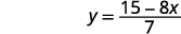 A mathematical equation shows y equals the fraction (15 minus 8x) all over 7. It is written as y = (15 - 8x) / 7.