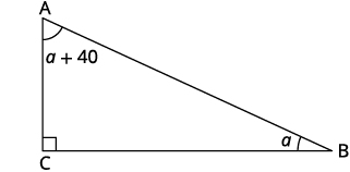 A right-angled triangle ABC is shown, with the right angle at C. Angle B is labeled 'a' and angle A is labeled 'a + 40'.