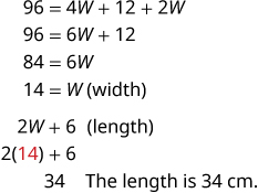 This image illustrates an algebraic solution for finding the width (W=14) and subsequent length (34 cm) of an object, starting from a perimeter equation and showing each calculation step.