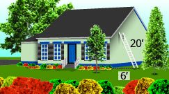 The figure is an illustration of a house that has a ladder against it. The ladder is 20 feet. Its base is positioned 6 feet from the house.