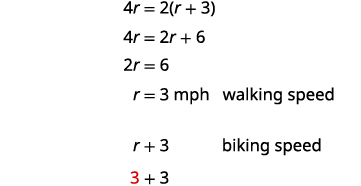 Step-by-step algebraic solution for a word problem, calculating walking speed 'r' as 3 mph and biking speed 'r+3' as 6 mph from the equation 4r = 2(r+3).