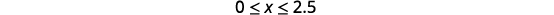 A mathematical inequality states that 0 is less than or equal to x, and x is less than or equal to 2.5.