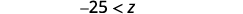 A mathematical inequality is shown, stating '-25 < Z' in gray text against a plain white background, indicating that -25 is less than Z.