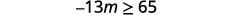 A mathematical inequality is shown on a white background: -13m >= 65.