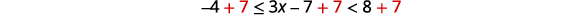 An algebraic inequality '-4 <= 3x - 7 < 8' is shown with '+7' being added to all three parts, resulting in '-4 + 7 <= 3x - 7 + 7 < 8 + 7'.