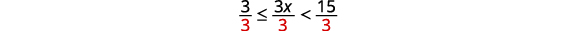 A mathematical inequality shown, with 3/3 less than or equal to 3x/3, which is less than 15/3. The denominators are highlighted in red, indicating a division step in solving the inequality.