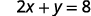 A mathematical equation is displayed on a white background, reading '2x + y = 8' in black text.