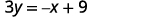 A mathematical equation is displayed, reading '3y = -x + 9' on a white background.