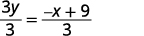 A mathematical equation shows '3y divided by 3 equals the quantity of negative x plus 9, all divided by 3'. The equation simplifies to y = (-x+9)/3, demonstrating a step in solving for y.