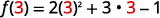 An equation evaluating f(3) as 2(3)^2 + 3 * 3 - 1, with the substituted value of '3' highlighted in red.