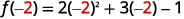 An image displays the mathematical expression for function f, where f(-2) is calculated as 2 multiplied by -2 squared, plus 3 multiplied by -2, minus 1. The value -2 is highlighted in red.