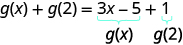 Equation g(x) + g(2) = 3x - 5 + 1, where 3x - 5 is identified as g(x) and 1 as g(2) by blue underbraces.