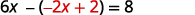 A mathematical equation is displayed: 6x - (-2x + 2) = 8. The terms inside the parenthesis, -2x + 2, are highlighted in red, indicating a focus on that part of the expression.