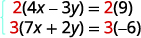 A system of linear equations being prepared for solution using the elimination method. The top equation is multiplied by 2, and the bottom equation is multiplied by 3 on both sides.