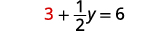 A mathematical equation is displayed against a white background, showing '3 + 1/2y = 6'. The number '3' is highlighted in red.