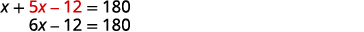 Two lines of an algebraic equation are shown. The first line is x + 5x - 12 = 180. The second line, which simplifies the first, reads 6x - 12 = 180.
