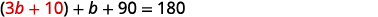 A mathematical equation is displayed: (3b + 10) + b + 90 = 180, featuring variables and numerical values.