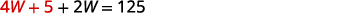A mathematical equation is displayed on a white background: 4W + 5 + 2W = 125. The numbers '4' and '5' are in red, while the rest of the equation is in gray.