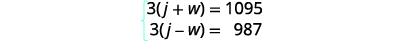 A system of two linear equations is presented. The first equation is 3 multiplied by the sum of j and w, which equals 1095. The second equation is 3 multiplied by the difference of j and w, which equals 987.