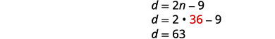 A mathematical calculation is shown on a white background, starting with the equation d = 2n - 9. This is followed by d = 2 multiplied by 36 (where 36 is highlighted in red) minus 9. The final line shows the result as d = 63.