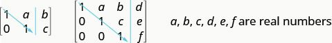 A 2 by 3 matrix is shown on the left. Its first row is 1, a, b. Its second row is 0, 1, c. An arrow points diagonally down and right, overlapping both the 1s in the matrix. A 3 by 4 matrix is shown on the right. Its first row is 1, a, b, d. Its second row is 0, 1, c, e. Its third row is 0, 0, 1, f. An arrow points diagonally down and right, overlapping all the 1s in the matrix. a, b, c, d, e, f are real numbers.