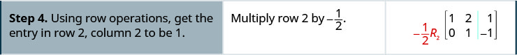 Step 4. Using row operations, get the entry in row 2, column 2 to be 1. Multiply row 2 by minus half. Row 2 becomes 0, 1, minus 1.