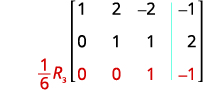 An augmented matrix with the elementary row operation (1/6)R3 applied, resulting in the third row elements 0, 0, 1, -1 (shown in red).