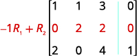 A 3x4 augmented matrix is shown with the row operation -1R1 + R2 indicated. The second row, which results from this operation (0 2 2 | 0), is highlighted in red, alongside other matrix entries.