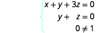 A system of conditions including two linear equations, x+y+3z=0 and y+z=0, and the inequality 0  M 1.