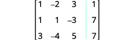 An augmented matrix representing a system of three linear equations. The matrix is 3x4, with coefficients (1, -2, 3), (1, 1, -3), (3, -4, 5) and constants (1, 7, 7) respectively.