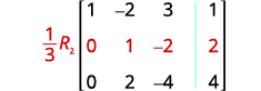 An augmented matrix displays the row operation (1/3)R2. The elements of the second row, highlighted in red, show the current state of the matrix after the operation, featuring values 0, 1, -2, and 2.