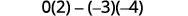 A mathematical expression 0(2) - (-3)(-4) is displayed, requiring calculation of a product of zero and two, minus the product of negative three and negative four.