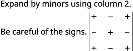 Math instructions: 'Expand by minors using column 2. Be careful with the signs.' A 3x3 matrix is ​​shown with the pattern of alternating signs (+ - + / - + - / + - +) to remember.