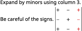 Expand by minors using column 3. Be careful with signs. (A sign matrix for cofactor expansion is shown)