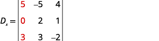 A 3x3 Dx matrix with elements 5, -5, 4 in the first row; 0, 2, 1 in the second; and 3, 3, -2 in the third. The first column is highlighted in red.