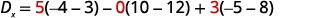 A mathematical equation for Dx is shown on a white background: Dx = 5(-4-3) - 0(10-12) + 3(-5-8). The numbers 5, 0, and 3 are highlighted in red.