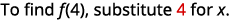 The image shows the text 'To find f(4), substitute 4 for x.' This is a common instruction in algebra for evaluating a function at a specific point.