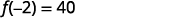The image displays the mathematical expression 'f(-2) = 40' in a black serif font against a plain white background, indicating that the function f evaluated at -2 equals 40.