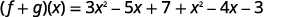 A mathematical expression shows the sum of two functions, (f+g)(x), as 3x^2 - 5x + 7 + x^2 - 4x - 3, written in a clear, digital font on a white background.
