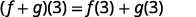 The image shows the sum of two functions, f and g, evaluated at 3, which equals the sum of each function evaluated at 3: (f + g)(3) = f(3) + g(3).
